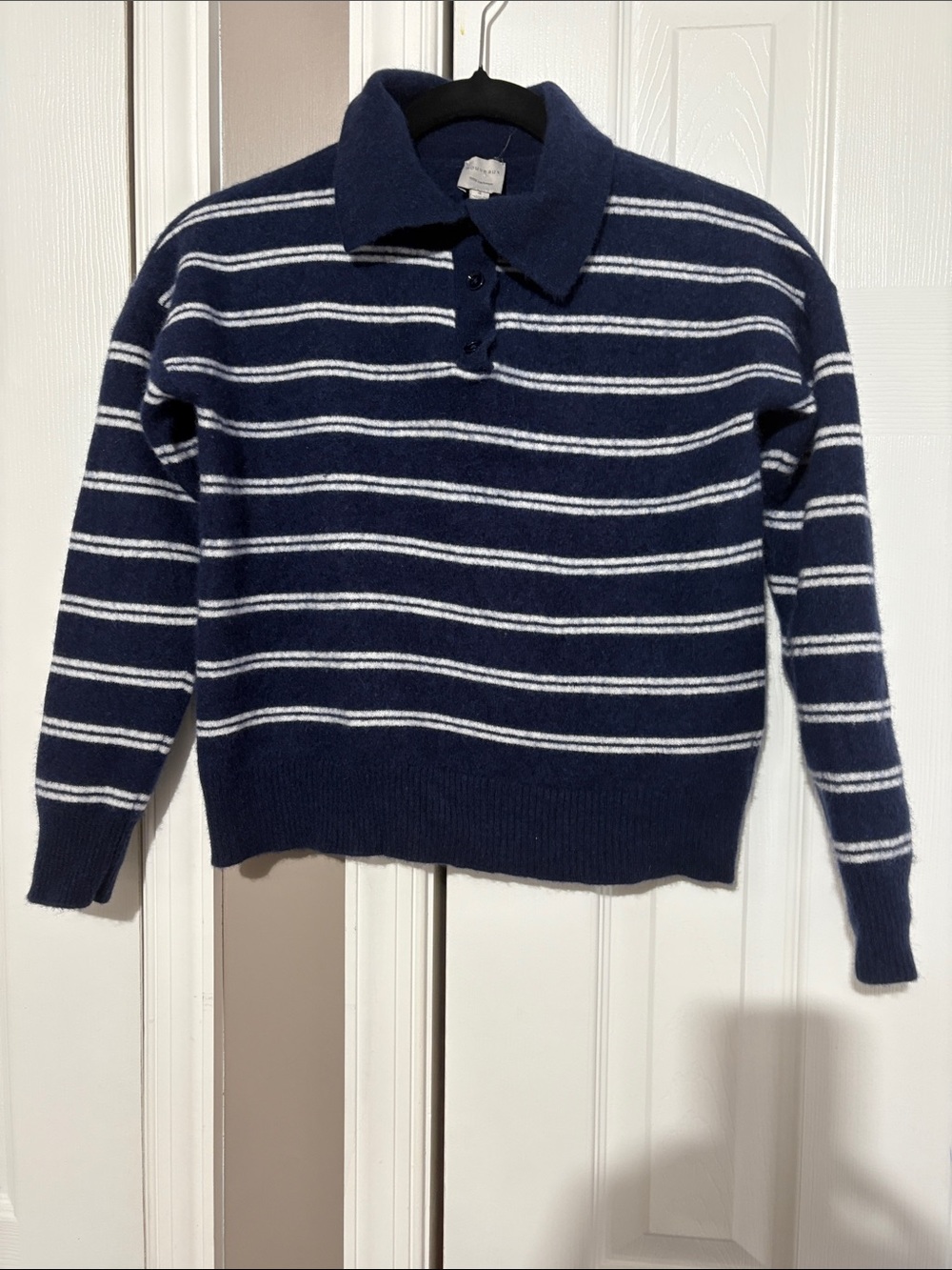 Striped Navy and White Polo-Style Crewneck Sweater